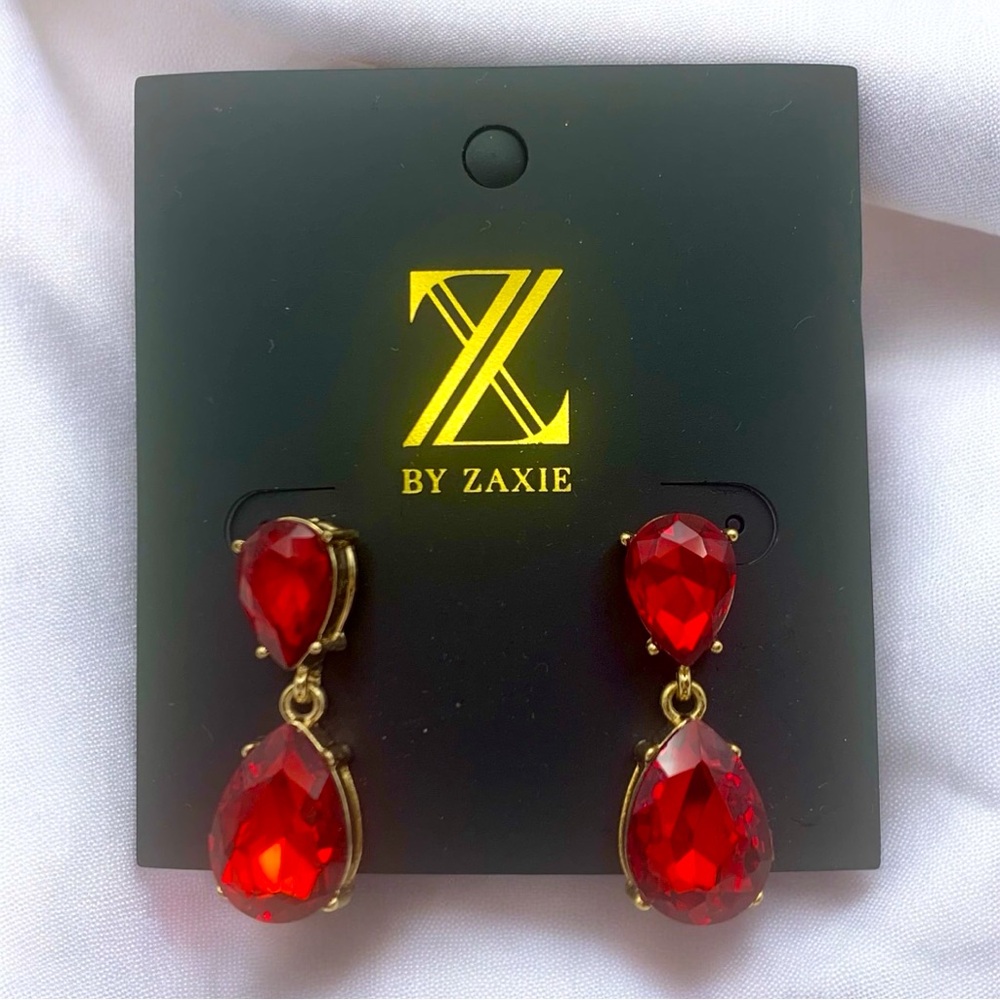 By Zaxie Gold Plated & Red Chunky Rhinestone Teardrop Costume Jewelry Earrings - Picture 2 of 4
